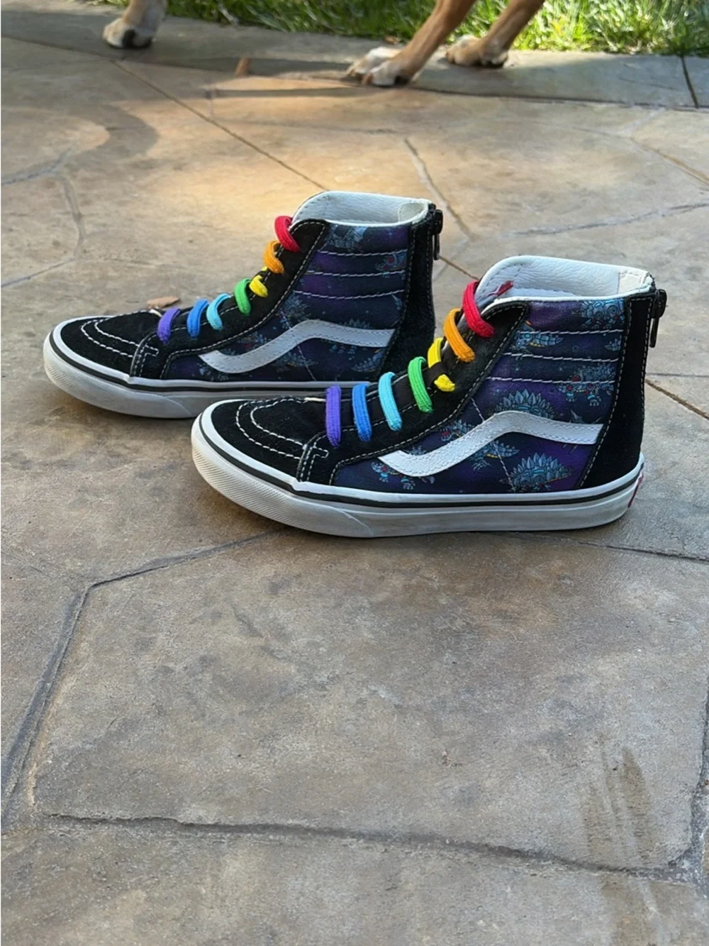 Vans Kids Black High-Top Sneakers Robot Dinosaurs with Rainbow Elastic Laces